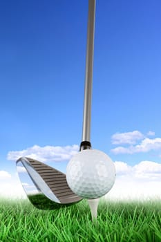 Golf club with ball on tee on meadow in front of blue sky.