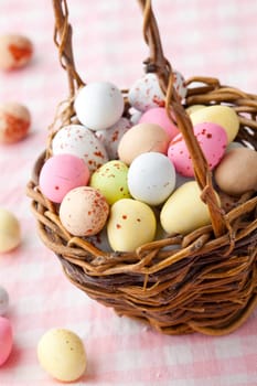 Close-up of pastel colored chocolate Easter egg candy
