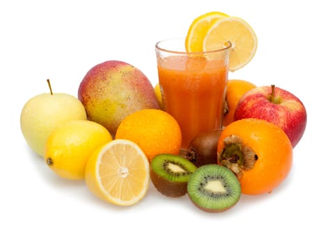 Glass of Fresh Multivitamin Juice - Oranges, Lemons, Kiwi, Mango, Apples and Persimmon Fruits