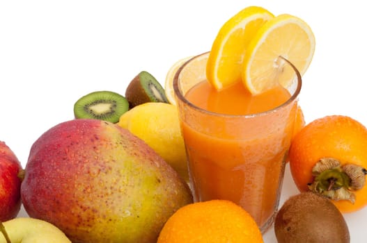 Glass of Fresh Multivitamin Juice - Oranges, Lemons, Kiwi, Mango, Apples and Persimmon Fruits