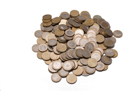 Many euro coins on white background