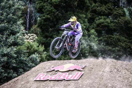 MAYDENA, AUSTRALIA - FEBRUARY 08: Sebastian HOLGUIN of Colombia competes in the finals of Red Bull Hardline Tasmania on February 8, 2025 in Maydena, Australia.