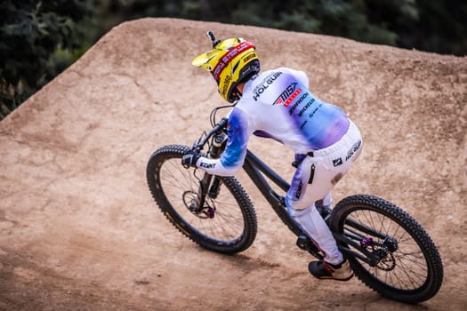 MAYDENA, AUSTRALIA - FEBRUARY 08: Sebastian HOLGUIN of Colombia competes in the finals of Red Bull Hardline Tasmania on February 8, 2025 in Maydena, Australia.