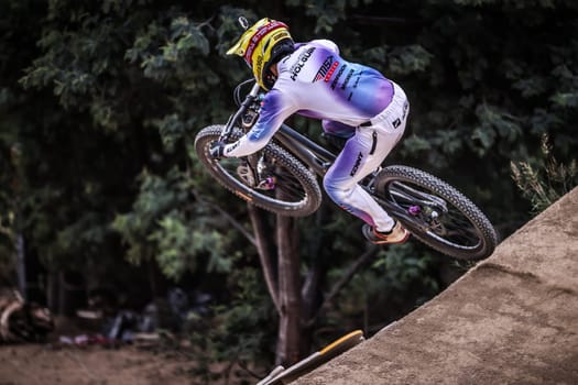 MAYDENA, AUSTRALIA - FEBRUARY 08: Sebastian HOLGUIN of Colombia competes in the finals of Red Bull Hardline Tasmania on February 8, 2025 in Maydena, Australia.