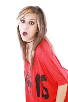 Shocked trendy teenage girl posing mouth open