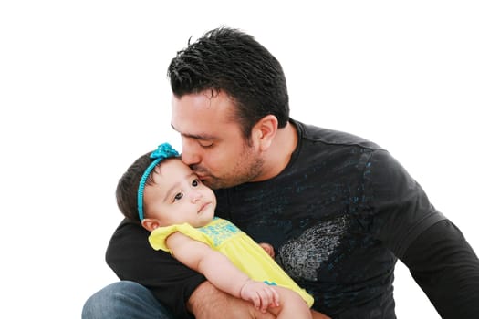 Happy father kissing his daughter on white