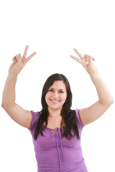 beautiful smiling woman making victory sign with both of her hands, smiling and looking into the camera