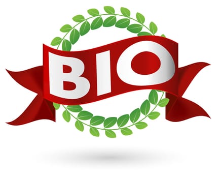 Bio Product Icon - Bio Sign on Red Ribbon and Wreath of Green Leaves