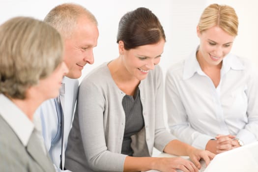 Business team attractive businesswomen with happy colleagues working around table