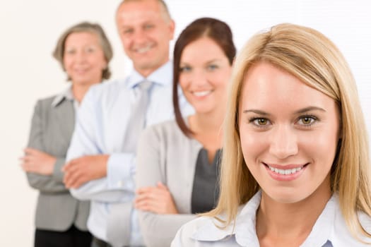 Business team happy attractive woman colleagues standing in line portrait