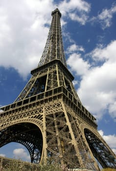 Wide-angle view of the Eiffel Tower