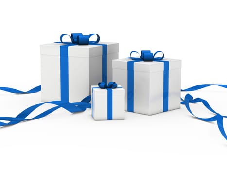 3d christmas gift box white blue ribbon