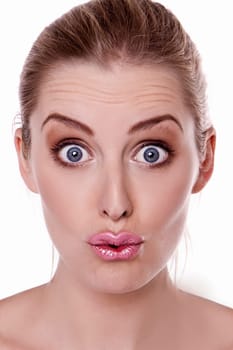 A funny faced blond woman with gorges blue eyes.