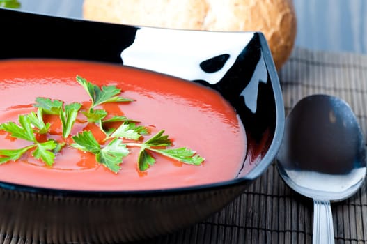 closeup of a tomato soup with parsley