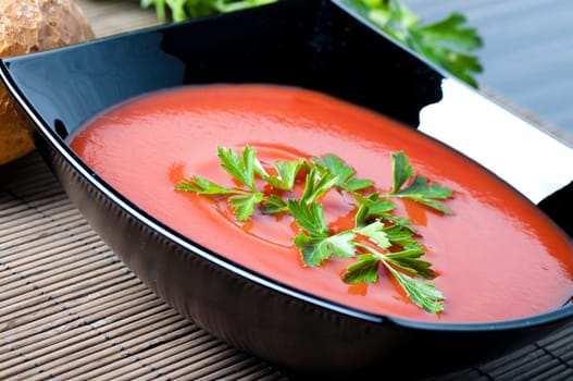 closeup of a tomato soup with parsley