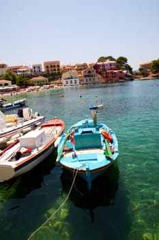 Colorful fishing boats in Assos, Kefalonia, Greece