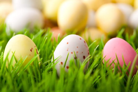 Close-up of pastel colored Easter eggs on grass