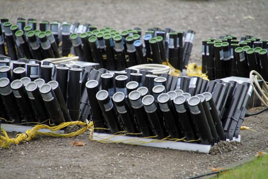 Mounted fireworks for an evening fireworks display