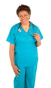 An african american nurse is smiling at the camera.