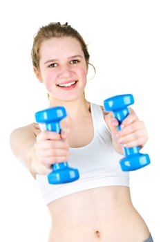 Healthy young woman working out with weights for fitness exercise