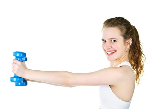 Happy healthy fit young woman lifting weights for fitness exercise