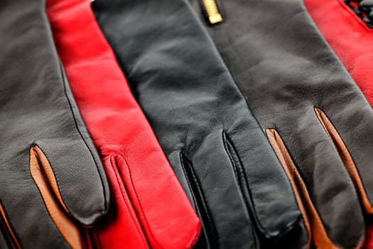Assorted selection of leather female gloves closeup