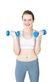 Happy fit young woman working out with weights on white background