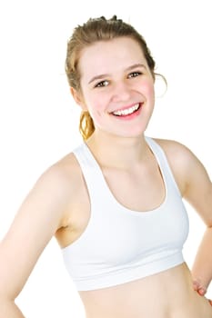 Smiling fit young woman ready for workout on white background