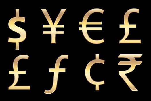 all currencies symbols in gold, for business concepts.