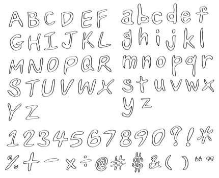 set of handwritting alphabets, numbers and symbols as pencil style