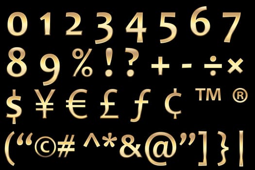 gold numbers and signs set, with realistic golden surface.