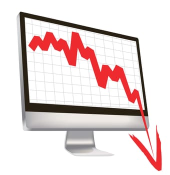 illustration of economic crisis, with red arrow break outs of computer monitor.