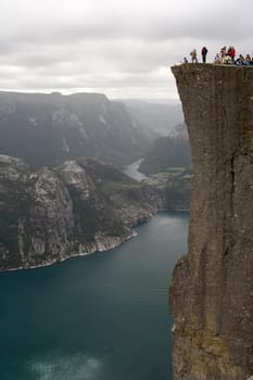 View at Lyse fjord and Preikestolen cliff in Norway. 600 meters above the sea level.