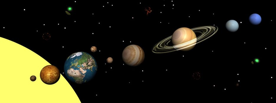 Solar system planets, nebulas and stars by night
