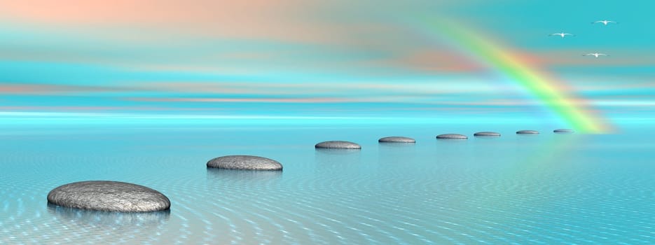 Grey stones steps upon the ocean going to a rainbow and birds flying next to it