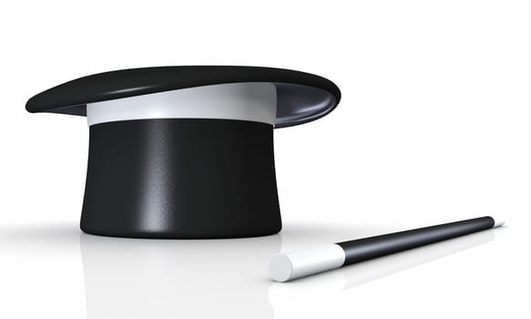 Top hat with magic wand on white ground
