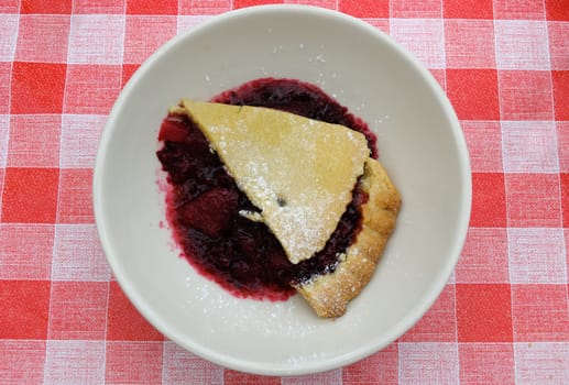 cake with fruit filling and checkered tablecloth