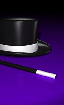 Magic wand with magic hat on purple floor vertical