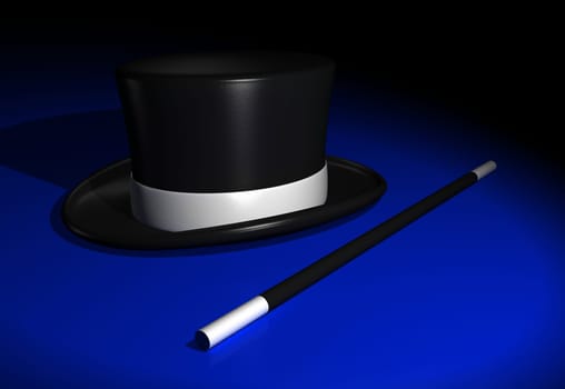 Magic wand with magic hat on blue ground