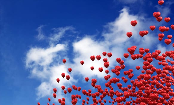 Flying red hearts in summer