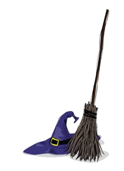 illustration of witch hat and broomstick, in grunge style