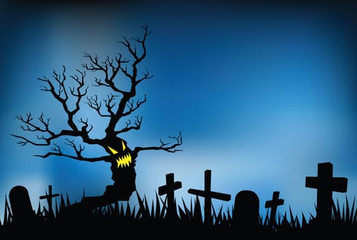halloween night illustrations, vector format, evil tree in cemetery.