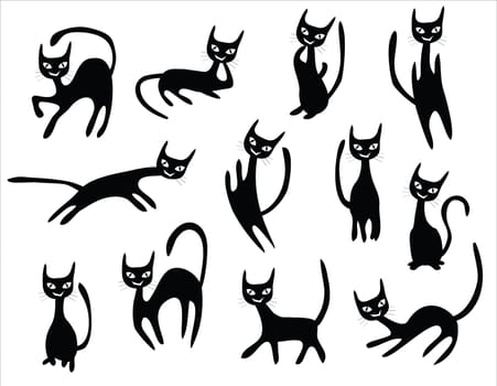 cat cartoons set, black cats with different postures.