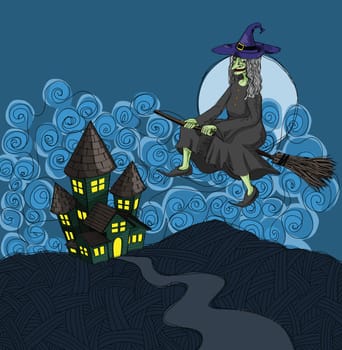 haunted house illustration, in grunge sketch style.