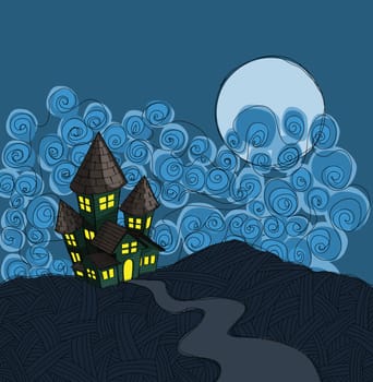 haunted house illustration, in grunge sketch style.
