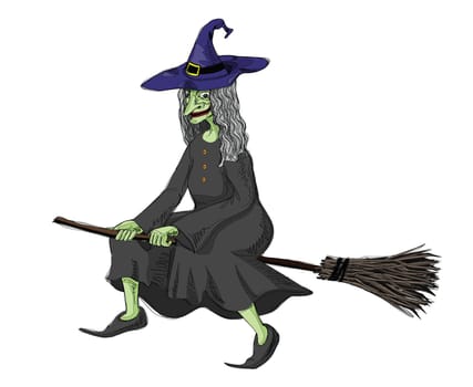 illustration of witch, riding on a broomstick.