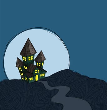 haunted house illustration, in grunge sketch style.