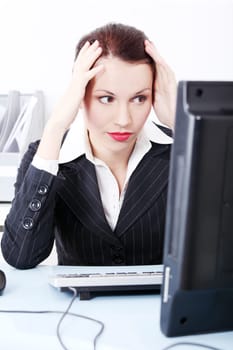 Beautiful pretty caucasian businesswoman having headache and sitting in the office.