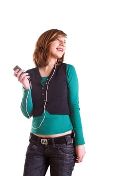 Blond teenager girl listening music on her MP3 player