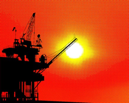 Abstract background with oil platform silhouette over a halftone sunset